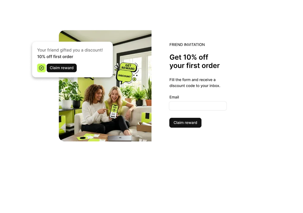 A friend invitation page offering 10% off a first order, with the reward card the friend receives beside it.
