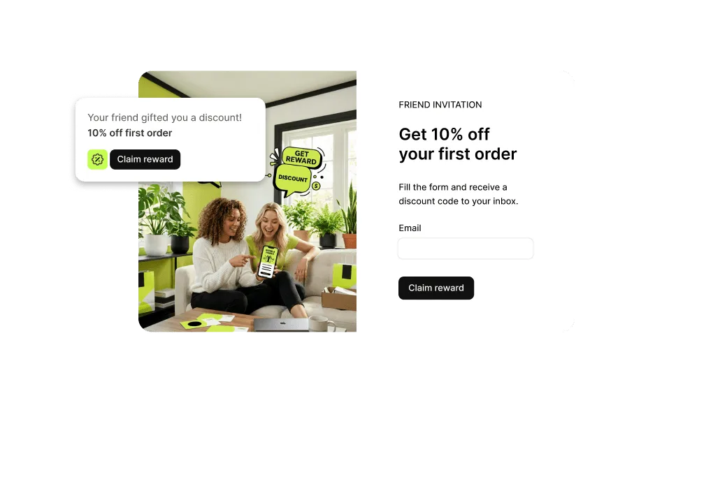 A friend invitation page offering 10% off a first order, with the reward card the friend receives beside it.