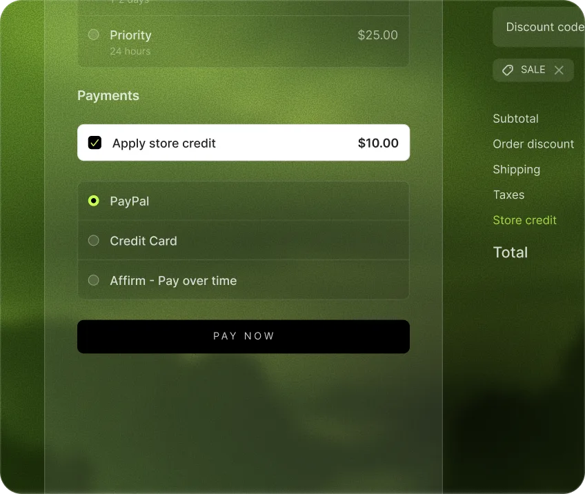 A Shopify checkout applying $10 of store credit to the order total, alongside PayPal and card payment options