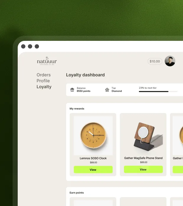 A customer account loyalty dashboard showing points balance, tier progress and available rewards