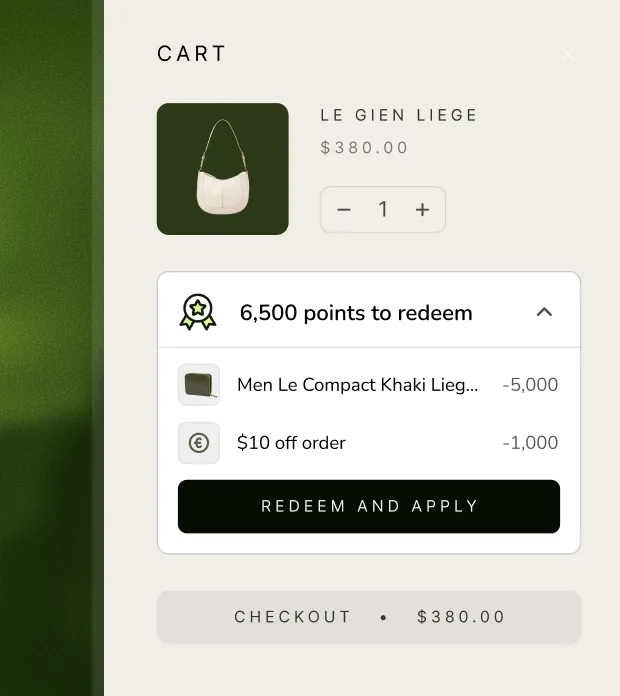 A cart offering 6,500 points to redeem against a product or $10 off, with a Redeem and apply button