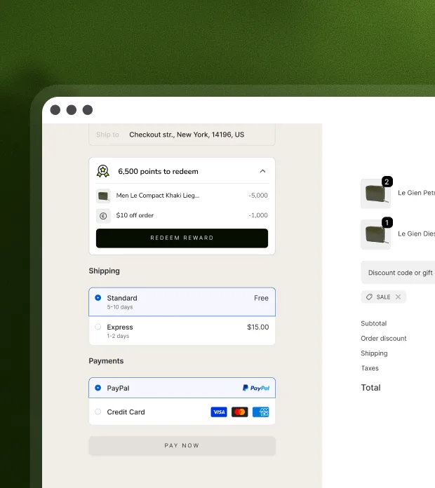 Shopify checkout with the loyalty block applying a reward inline, with no discount code to enter.