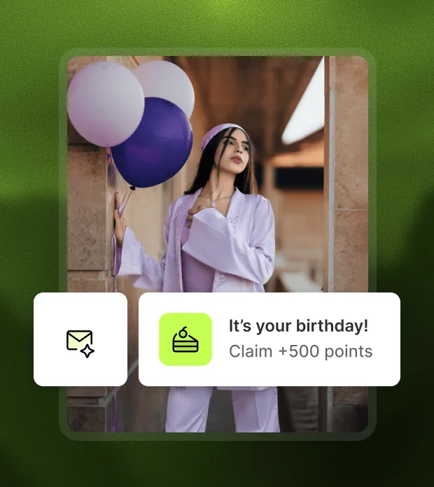 A birthday email prompt offering 500 points to claim, over a photo of a person holding balloons
