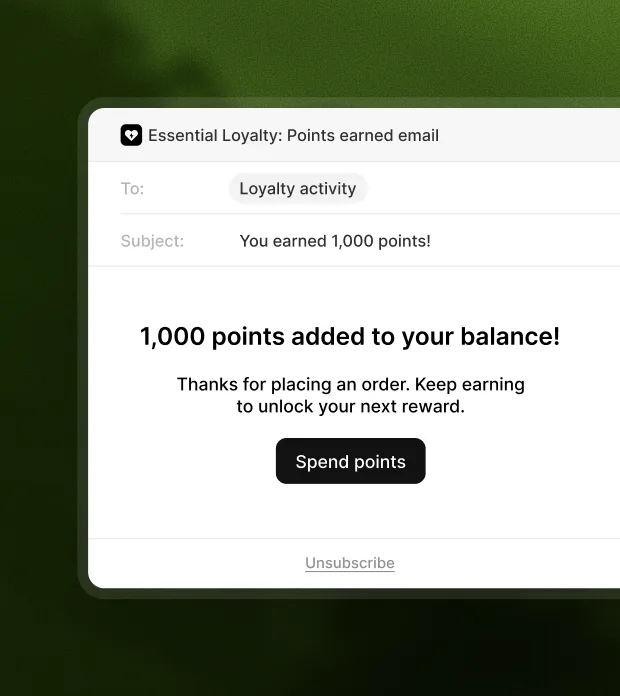 A points earned email confirming 1,000 points added to the balance, with a Spend points button