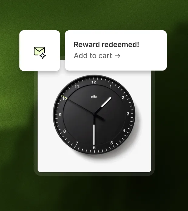 A reward redeemed email prompt with an Add to cart link, over a photo of a wall clock