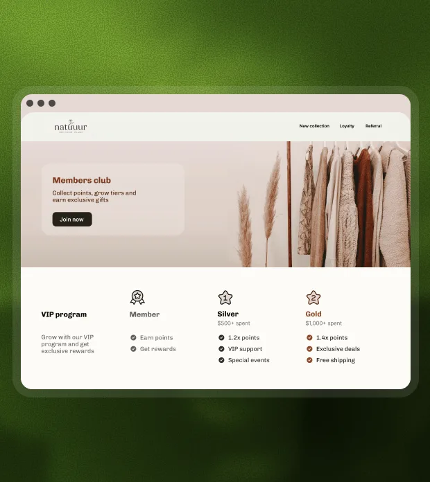 A members club loyalty landing page with a VIP programme showing Member, Silver and Gold tier benefits