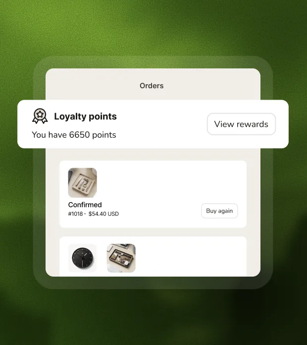 An order history page showing a loyalty balance of 6,650 points with a View rewards button