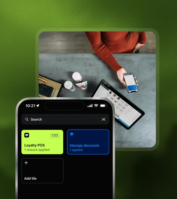 A Shopify POS terminal with the loyalty app open, showing a customer's points balance mid-redemption.