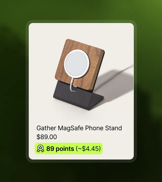 A collection product card carrying its own loyalty badge: 89 points, shown with the cash value it is worth.
