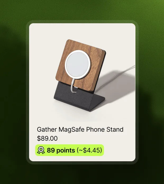A collection product card carrying its own loyalty badge: 89 points, shown with the cash value it is worth.