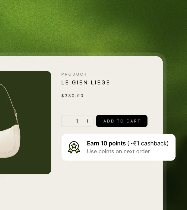 A handbag product page offering 10 points, worth about one euro of cashback, to use on the next order