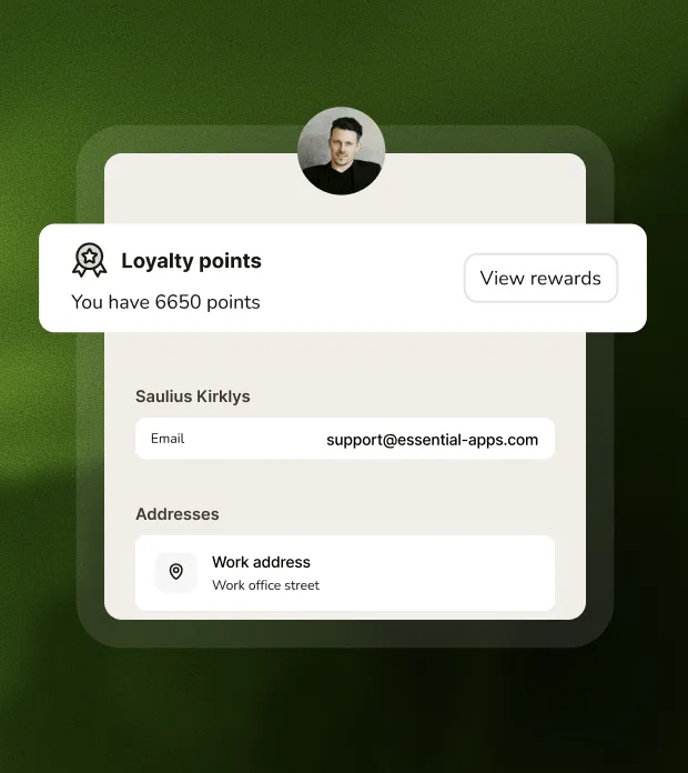 A customer account page with the loyalty card on it, showing a points balance and a link through to the rewards.