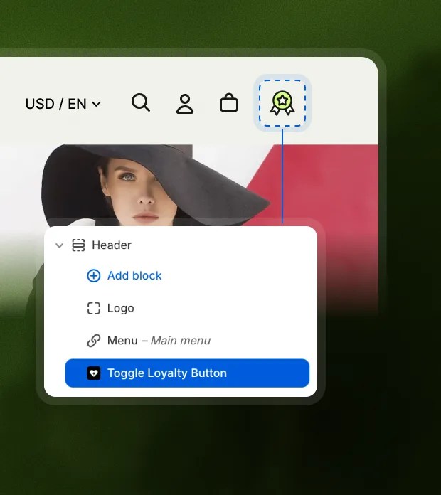 The Shopify theme editor with the loyalty launcher block being added to a section.