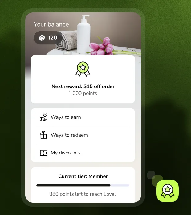 A loyalty widget on a phone showing a 120 point balance, the next reward and ways to earn and redeem