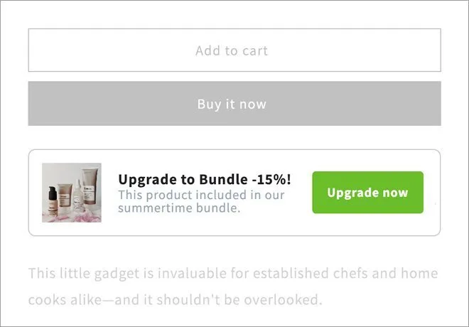 An upgrade to bundle banner offering 15% off, placed under the buy buttons on a product page