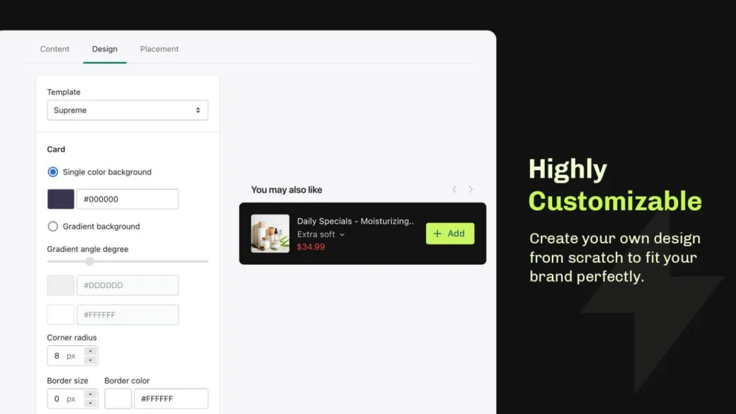Upsell widget design settings beside a You may also like offer card with an Add button