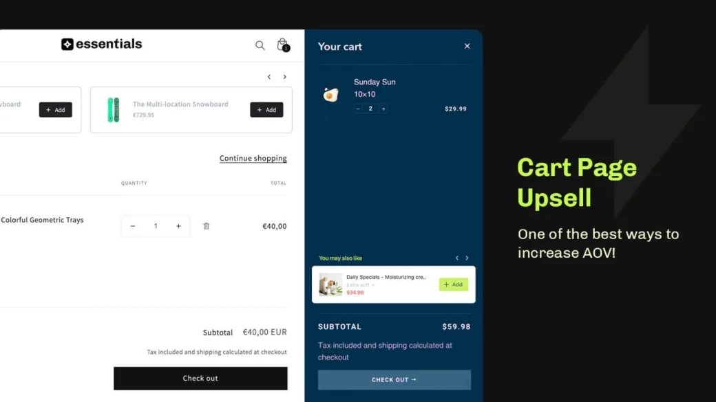 A cart page and a cart drawer, each showing a You may also like cross-sell offer with an Add button
