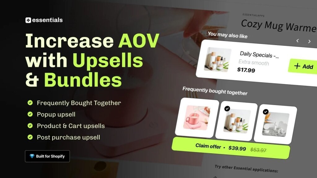 Frequently bought together, popup, cart and post-purchase upsells, badged Built for Shopify, over a mug warmer offer.