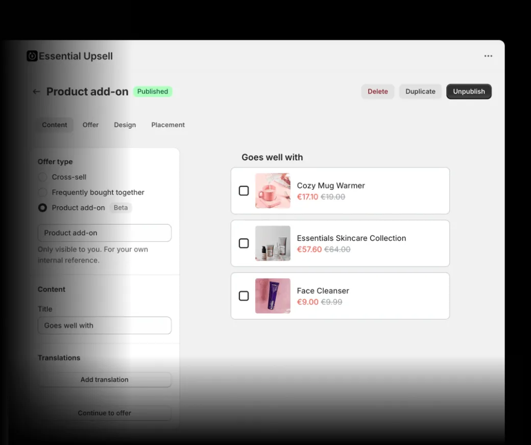Product add-on settings beside three complementary offers: a mug warmer, a skincare collection and a face cleanser