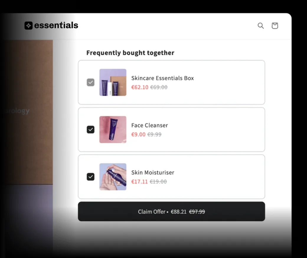 A frequently bought together bundle of three skincare items with a discounted Claim Offer total