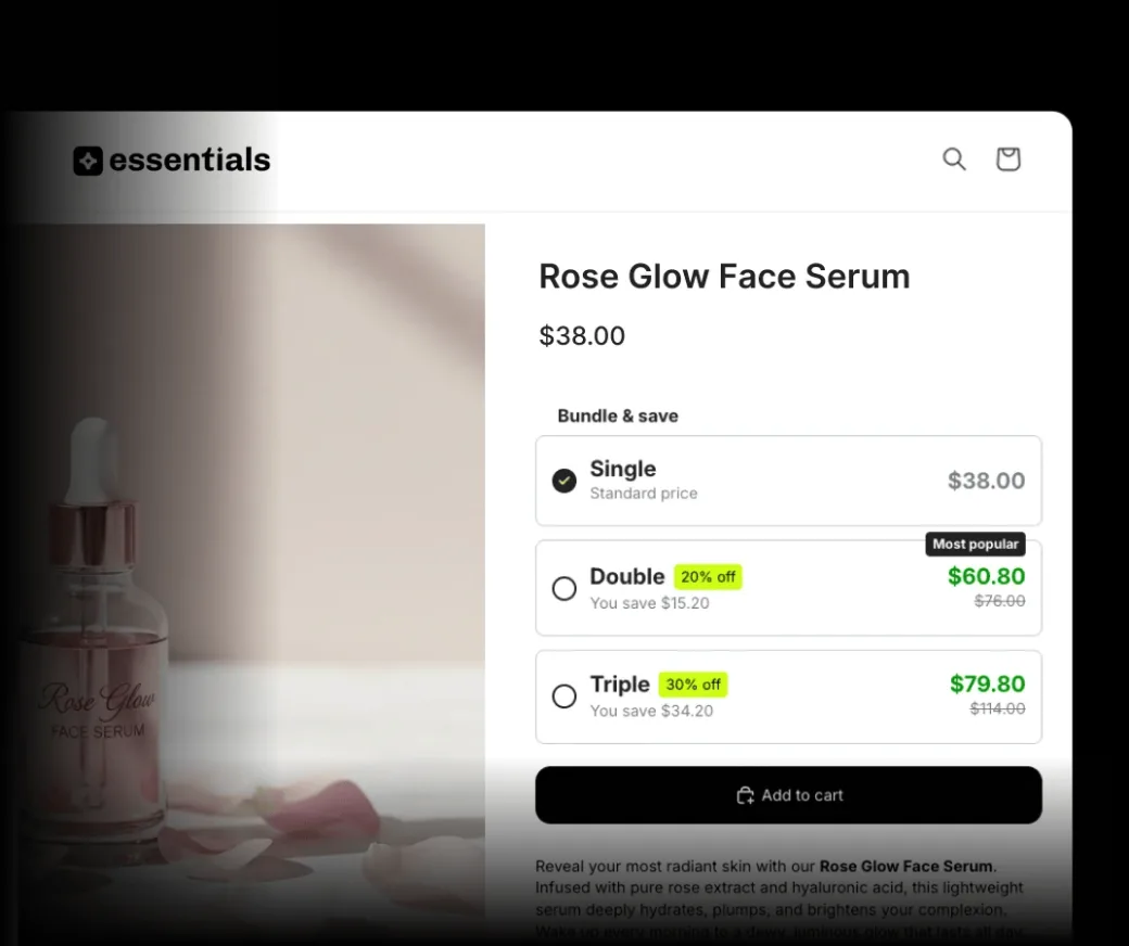 A face serum product page offering single, double and triple bundle and save tiers with discounts