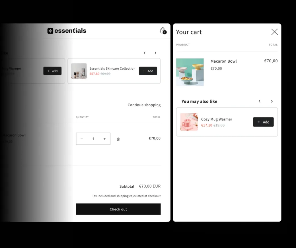 A cart page and a cart drawer, each showing a You may also like offer with an Add button