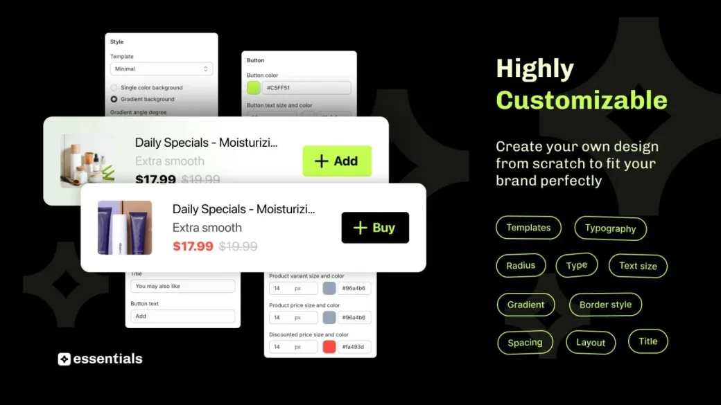 The same upsell card in a light and a dark style, above template, colour, typography and spacing settings