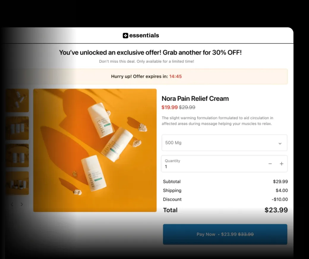 A post-purchase offer of 30% off a pain relief cream with a countdown, the discount applied and a Pay Now button
