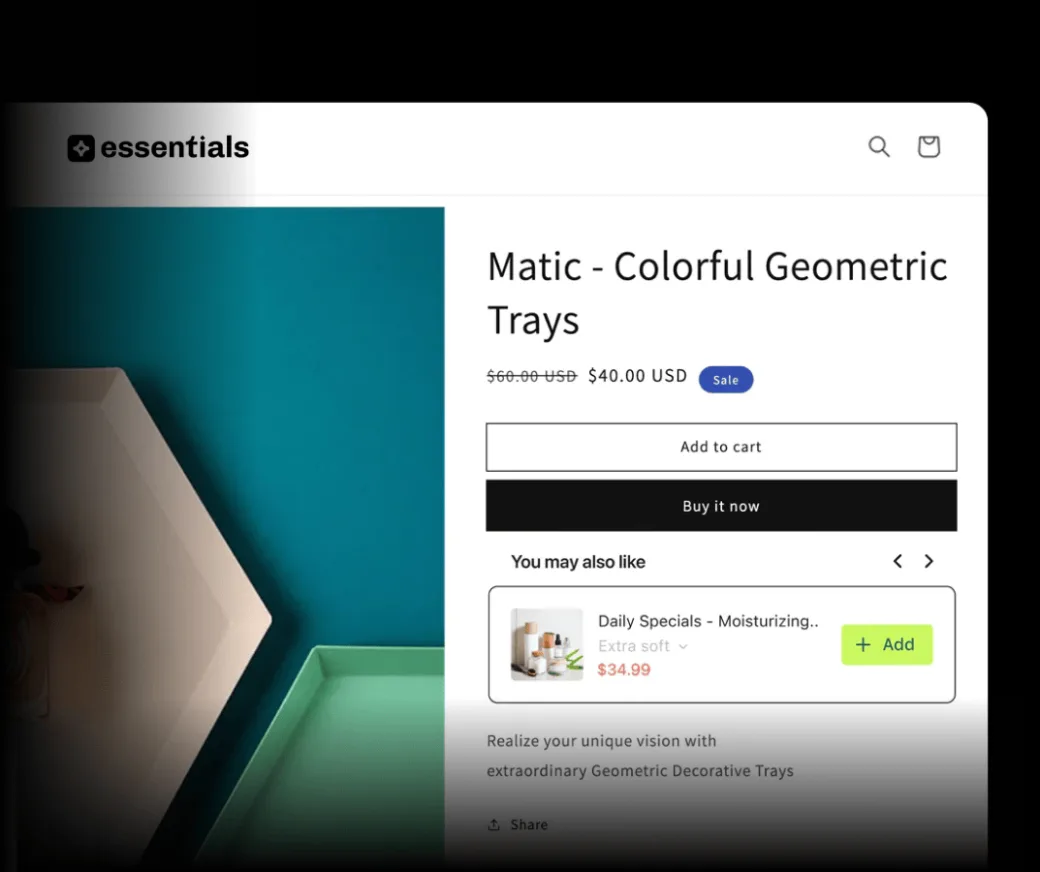A geometric trays product page with a You may also like cross-sell offer under the buy buttons
