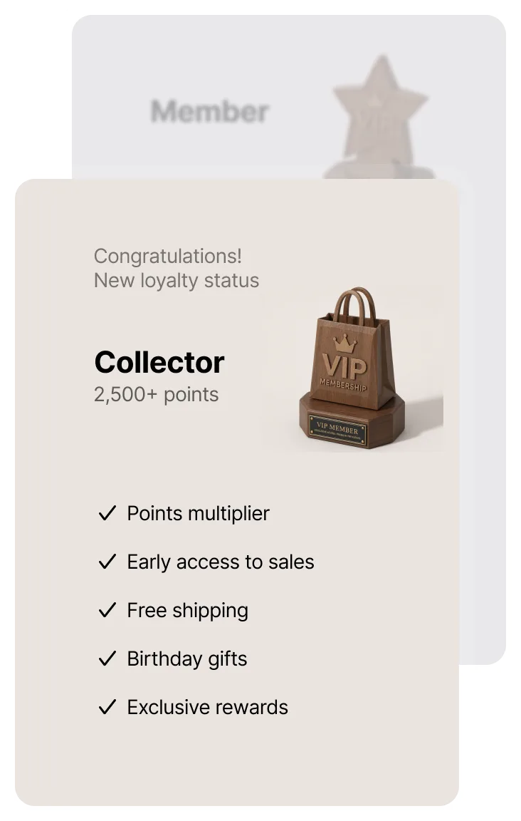 Two VIP tier cards stacked: the Collector tier at 2,500+ points with its trophy and the five perks it unlocks.