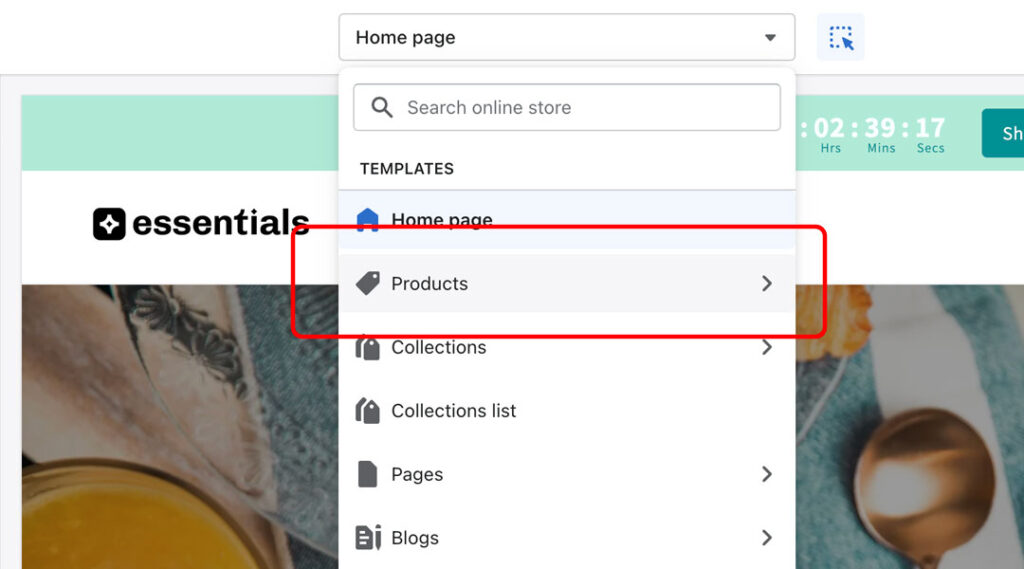 select product page in theme editor