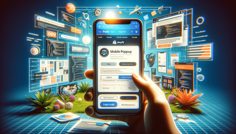 digital composition showcases a smartphone displaying an optimized Shopify popup for mobile use, set against a background that symbolizes mobile optimization with elements like code snippets and layout grids.