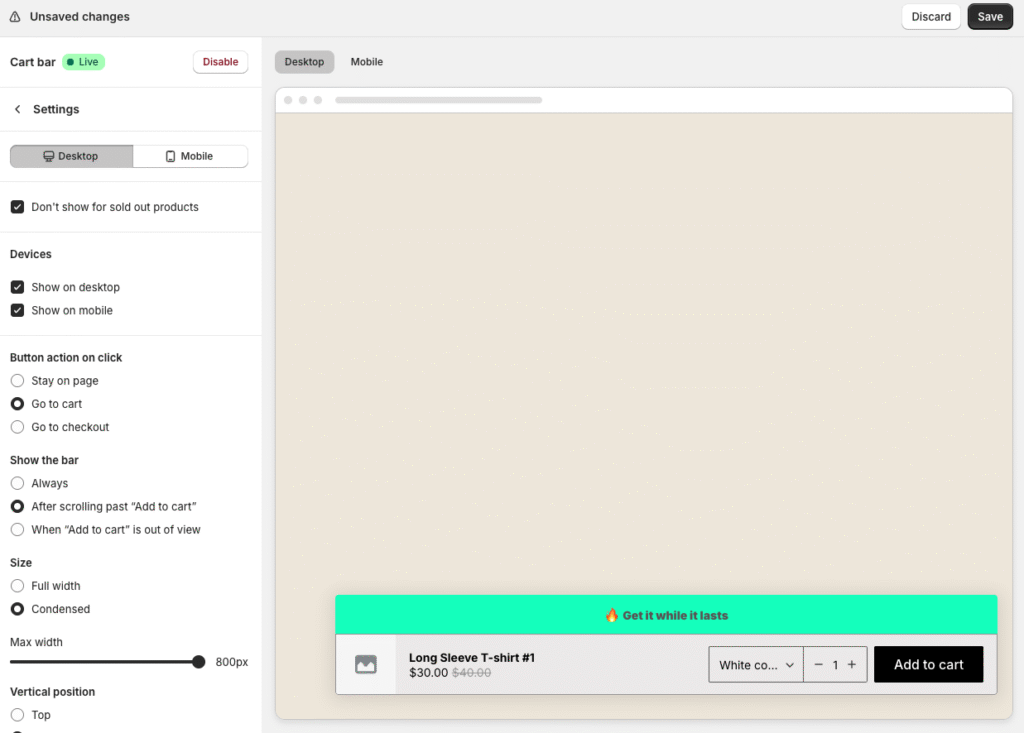 sticky add to cart for shopify settings